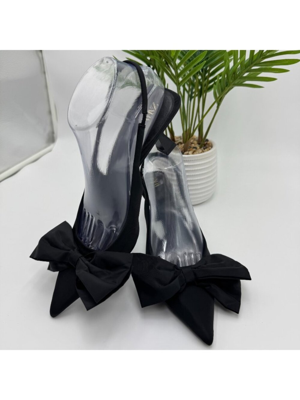 Zara Slingback Heel Women's 8 Black Textile Bow Stiletto Cocktail Pointed-Toe